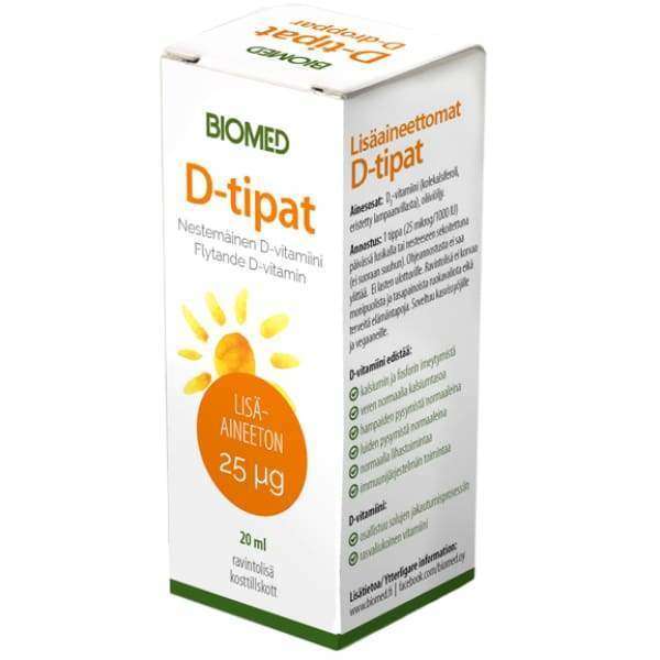 Biomed Lisäaineettomat D-vitamiinitipat 25 mikrog -pakkaus, 20 ml, valkoinen, oranssi-keltainen aurinkokuvitus; suorakulmainen mattapintainen rasia, teksti suomeksi ja ruotsiksi groteskitekstillä