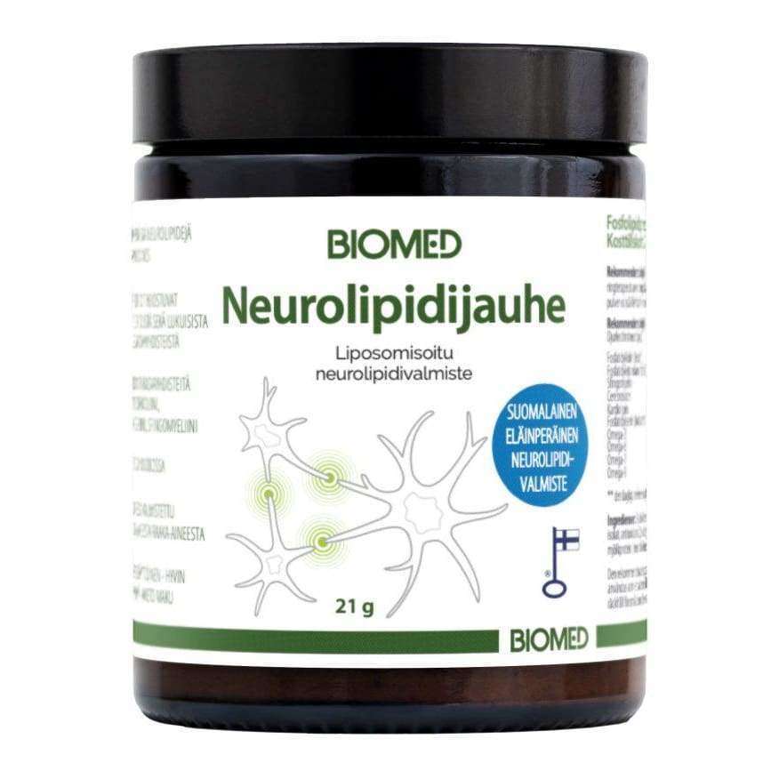 Biomed Neurolipidijauhe; purkki tekstillä "Biomed Neurolipidijauhe", neuronikuvituksin, suomenkielisin tekstein ja sininen merkki korostaen ainutlaatuista suomalaista neurolipiditottetta; valkoinen muovipurkki mustalla kierrekannella, lieriömäinen muoto; etiketti selkeää groteskifonttia hierarkkisesti; sisältää 21 grammaa jauhetta; vaalea tausta, studiokuva ilman ihmisiä tai muita esineitä.