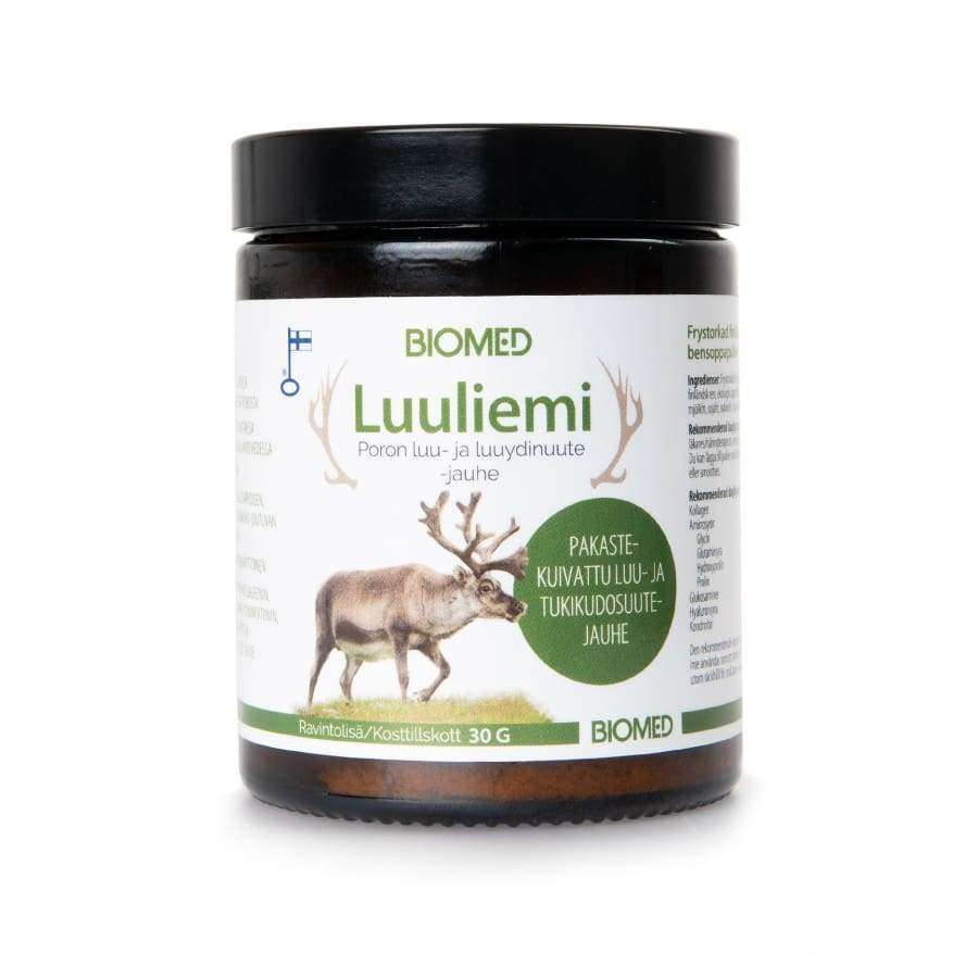 Biomed Luuliemi -jauhepurkki, poron luuliemijauhetta, etiketissä kuva porosta; purkki sylinterimäinen, läpinäkymätöntä valkoista materiaalia kiiltäväpinnalla ja valkoisella kierrekannella; etiketissä suoraviivaista tekstausvapaata suomenkielistä typografiaa, ilmoitettu 30 grammaa; ei ihmisiä tai käsiä näkyvissä; tausta yksinkertainen.
