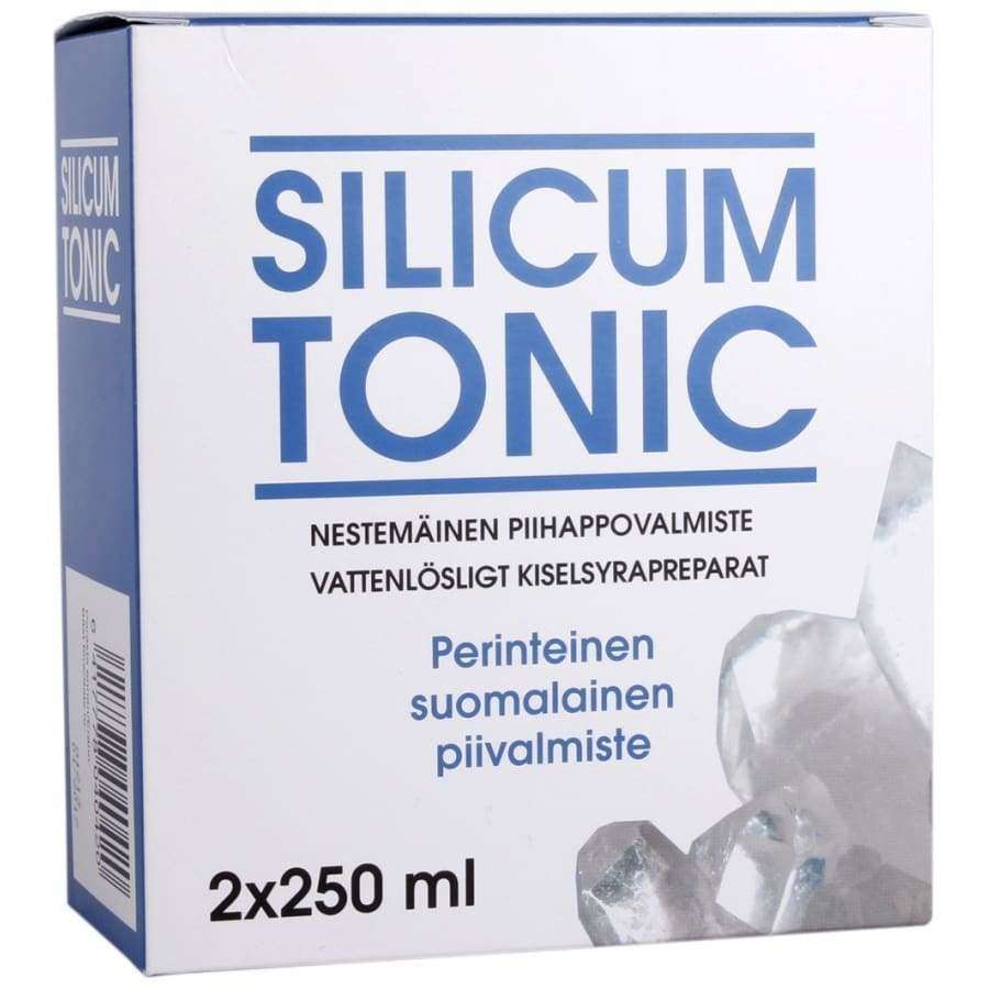 Biomed Silicum Tonic -pakkaus, 2 x 250 ml, sininen-valkoinen mattapinta, kristallikuvitus etupuolella; groteskiteksti suomeksi ja ruotsiksi