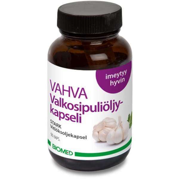 Biomed Vahva Valkosipuli -pullo, ruskea muovi, mattapinta; etiketissä teksti "Vahva Valkosipuliöljykapseli", valkosipulinkynsikuvia, violetti ympyrä ja vihreä Biomed-logo, 90 kapselia