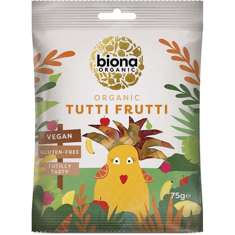 Biona Luomu Tuttifrutti Hedelmäkarkit -pussi, värikäs, kuvitettu ananaslintu ja lehtikuvio, läpinäkyvä ikkuna näyttää karkit; mattapintainen seisova pussi, teal-taustalla valkoinen-keltainen lihavoitu pyöristetty fontti