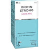 Biotin Strong Hair & Nail -pakkaus, 60 tablettia; suorakaiteen muotoinen mattapintainen rasia valkoisena ja vaaleansinisenä, VitaBalans Lady -logo alaosassa, painettu teksti suomeksi ja englanniksi hiusten ja kynsien tuesta