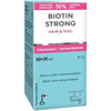 Biotin Strong Hair & Nail -pakkaus, suomeksi ja ruotsiksi, korostaa 50 % lisätablettia ja tarjousta, VitaBalans Lady -biotiini; suorakaiteen muotoinen mattapintainen rasia valkoisena ja violettina