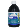 Bodyflex Collagen NivelShot -pullo, 500 ml; musta kierrekorkki; sylinterimäinen, kiiltävän valkoinen pullo; etiketti pääosin valkoinen ja sininen, lihavoitu tekstausvapaa kirjasin, suomenkielinen teksti; etiketissä tyylitelty ihmishahmon ääriviiva, jossa nivelkohdat merkitty värillisillä alueilla; kuvattu yksiväristä taustaa vasten, ei ihmisiä tai käsiä näkyvissä.