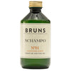 BRUNS Products Nº01 Harmonius Coconut Shampoo; vihreä pullo tekstillä "BRUNS Schampo No. 01", rikastettu Harmonisk Kokos -ainesosalla kosteuteen ja tuuheuteen, kultainen korkki ja valkoinen etiketti mustin ja oransein tekstein; pullo lieriömäinen kiiltäväpinnalla; etiketissä lihavoitua groteskitypografiaa selkeästi näyttäen brändin ja tuotenumeron; tausta valkoinen, ei ihmisiä tai lisäesineitä näkyvissä.