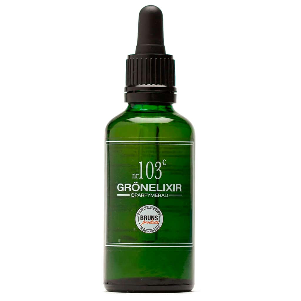 BRUNS Products Nº103 Hajusteeton Green Elixir Seerumi; vihreä lasinen tiputinpullo kiiltäväpintaisena, musta muovinen kierrekorkki ja kiinnitetty tiputin; etiketissä lihavoitu groteskiteksti "103°C GRÖNELIXIR OPARFYMERAD" keskitettynä; valkoinen tausta, ei ihmisiä tai käsiä kuvassa.