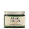 BRUNS Products Nº23 Hajusteeton Hiusnaamio; vihreä purkki tekstillä "BRUNS HÅRMASK No. 23", hajusteeton syväkäsittely ja kosteus hiuksille, hopeanvärinen kierrekansi ja kermanvärinen etiketti korostaen ravitsevia ainesosia ja tuotetietoja; purkki lieriömäinen mattapinnalla; etikettiteksti lihavoitua groteskia mustana kermanvärisellä pohjalla; astia yksin valkoisella taustalla, kuvattu edestä ilman ihmisiä tai lisäesineitä.