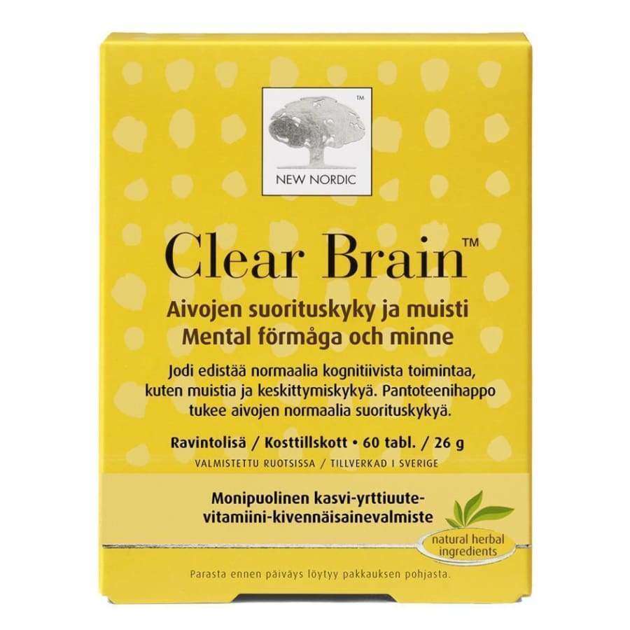 Clear Brain (New Nordic) -pakkaus, keltainen, mattapintainen pahvirasia, musta-valkoinen lohkoteksti suomeksi ja ruotsiksi; kognitiivinen ja muistin tuki, 60 tablettia, yrttiuutteita mainittu