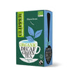Clipper Organic Decaf Green Tea; teekuppikuvitus vihrein lehdin, merkintä laadukkaasta ja Fairtrade-sertifioidusta tuotteesta; suorakulmainen pahvirasia, vihreä-sininen mattapinta, pääosin keltaista ja valkoista tekstiä suur- ja pienaakkosin sekoituksena; etusivulla tuotenimi, luomumerkki, Fairtrade-tunnus ja teekuppikuvitus; ei ihmisiä tai käsiä; valkoinen tausta.