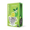 Clipper Luomu Vihreä Lime & Inkivääri -teepakkaus; suorakulmainen, mattapintainen ja pääosin vihreä rasia; kuvituksena teekuppi, lime, inkivääri ja teenlehtiä sekä Fairtrade-sertifiointimerkki; valkoista pääte- ja tekstausvapaata tekstiä, osin keltaisella tai mustalla; kuvattu yksiväristä taustaa vasten, ei ihmisiä tai muita esineitä.