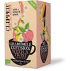 Clipper Luomu Kamomilla & Persikka tee; laatikko Clipper Chamomile Infusion with a Twist of Peach -teetä kukka- ja persikkakuvituksin mattapahvipakkauksessa; laatikko suorakulmainen valkoisella pohjalla ja värikkäin painatuksin; lihavoitu serifikirjasin brändi- ja tuotenimelle; merkintä 20 muovittomasta ja biohajoavasta pussista; ei ihmisiä tai käsiä kuvassa, pelkistetty studiotausta.