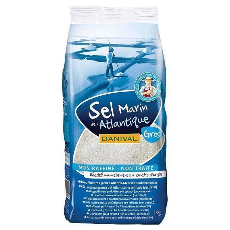 Danival Karkea Merisuola (Gros Atlantic) -pussi, 1 kg, sininen, tuulimyllykuva; mattapintainen pakkaus, teksti puhdistamattomasta ja käsittelemättömästä suolasta