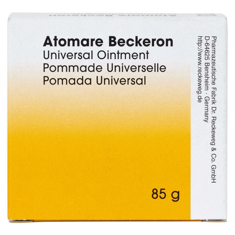 Dr. Reckeweg R30 Atomare yleisvoide; suorakulmainen, mattapintainen ja teräväkulmainen valkoinen-keltainen pakkaus mustalla groteskitekstillä neljällä kielellä; paino 85 g ja valmistajatiedot kyljessä; valkoinen tausta, kuvattu silmän korkeudelta.