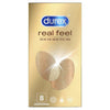 Durex Real Feel Kondomi; kultainen rasia Durex Real Feel -kondomeja, sormenjälkigrafiikat päällekkäin etuosassa; rasia suorakulmainen kiiltäväpinnalla; kuvakkeet osoittavat 8 kondomia, iho ihoa vasten -tunnetta ja lateksittomuutta; tuotenimi ja keskeiset tiedot painettu lihavoidulla groteskityypillä; kuva vailla ihmisiä tai lisäesineitä, yhtenäinen tausta.