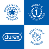 Neljä sinistä ja valkoista ikonia: "Durex Quality Assured" maapallokuvalla, "World's No. 1 Condom Brand", Durex-logo sekä "Responsible Sourcing" kädet ja kasvi -kuvituksella; lihavoitua tekstausvapaata tekstiä ja yksinkertaisia viivapiirroksia; ei pakkausta tai fyysisiä esineitä näkyvissä; valkoinen tausta, digitaalinen tasokuvitus, ei ihmisiä näkyvissä.