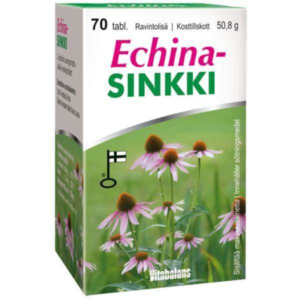 Echinasinkki-pakkaus, purppurakukkia (auringonhattu), suomenkielinen teksti, Suomen lippu, tietoa sinkkitableteista, painosta ja ainesosista; suorakulmainen mattapintainen rasia, valkoinen-vaaleanpunainen-vihreä väritys, groteskiteksti
