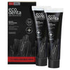 Ecodenta Black Whitening Valkaiseva hammastahna 2-pack; kaksi Ecodenta Black Whitening -hammastahnatuubia aktiivihiilellä, esillä mustan pakkauksen vieressä, joka korostaa vegaanisuutta ja fluorittomuutta sekä aktiivihiiltä, kaksoispakkaus 2 x 100 ml; sekä tuubit että rasia mattamustia valkoisin ja hopeanvärisin lihavoiduin groteskikirjaimin; keskeiset tiedot "vegan", "fluoride-free" ja "activated charcoal" korostettuina; vaalea tausta, ei ihmisiä tai rekvisiittaa; kuva edestä.