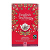 English Tea Shop Luomu English Breakfast -tee, punainen pakkaus, kukkakuvioita ja teekannukuvitus, luomu- ja Fairtrade-merkit; mattapintainen suorakulmainen rasia, valkoinen-vihreä antiikvateksti, 20 pussia