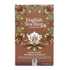 English Tea Shop Luomu Suklaa-Rooibos-Vanilja Tee -pakkaus, ruskea, kukka- ja lehtikuvioita, teekannukuvitus; suorakulmainen mattapintainen rasia, valkoinen antiikva- ja groteskiteksti, 20 pussia