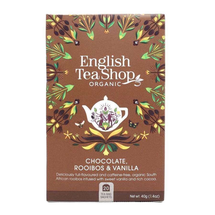 English Tea Shop Luomu Suklaa-Rooibos-Vanilja Tee -pakkaus, ruskea, kukka- ja lehtikuvioita, teekannukuvitus; suorakulmainen mattapintainen rasia, valkoinen antiikva- ja groteskiteksti, 20 pussia
