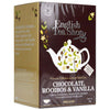 English Tea Shop Luomu Suklaa-Rooibos-Vanilja Tee -pakkaus, ruskea-kerma, tyylitelty teekannukuvitus lehtineen ja kaakaopalkoineen; antiikva- ja groteskiteksti, 40 g