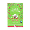 English Tea Shop Luomu Vihreä Granaattiomenatee -pakkaus, vihreä, kukkakuvioita, valkoinen teekannukuvitus, Fairtrade-merkki; suorakulmainen mattapintainen pahvirasia, vaaleanpunaisin ja kukkaisin korostein, 20 biohajoavaa pussia
