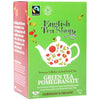 English Tea Shop Luomu Vihreä Granaattiomenatee -pakkaus, vihreä, värikäs teekannu-, hedelmä- ja kukkakuvitus, Fairtrade- ja luomumerkit; lihavoitu groteski- ja koristeellinen kirjasin, 20 biohajoavaa pussia