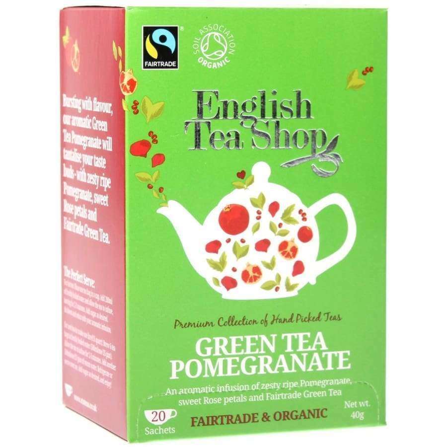 English Tea Shop Luomu Vihreä Granaattiomenatee -pakkaus, vihreä, värikäs teekannu-, hedelmä- ja kukkakuvitus, Fairtrade- ja luomumerkit; lihavoitu groteski- ja koristeellinen kirjasin, 20 biohajoavaa pussia
