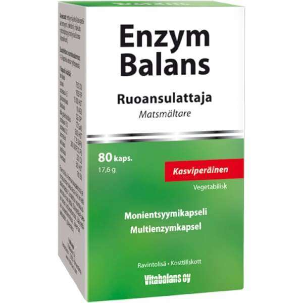 Enzym Balans Ruoansulattaja -pakkaus, suomeksi ja ruotsiksi merkitty, sisältää 80 kasvipohjaista kapselia entsyymiseosta; suorakulmainen pahvipakkaus valkoisena ja vihreänä, punaisin ja mustin painetuin tekstein; etiketissä yksinkertaista tekstausvapaata fonttia tuotetiedoissa; pakkaus vaalealla taustalla studiokuvassa; ei ihmisiä tai käsiä näkyvissä.