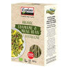 Explore Cuisine Organic Edamame & Mung Bean Fettuccine, luomu, 200 g; suorakulmainen pakkaus mattapinnalla; etusivulla värikuva vihreästä pastasta sekä lihavoitu teksti "high protein"; vegaani- ja gluteenitonmerkit näkyvissä; edamame-ainesosatiedot painettuna selkeästi oikealla puolella; neutraali tausta, ei ihmisiä; suoraan edestä kuvattu tuotekuva.
