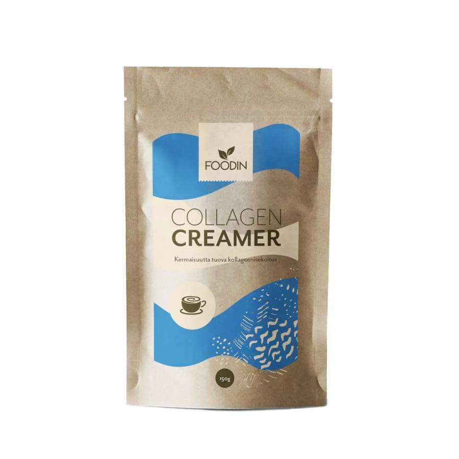 Foodin Collagen Creamer; ruskea, mattapintainen paperipussi tekstillä "Foodin Collagen Creamer" sinisin korostuksin, seisoo pystyssä valkoisella taustalla; pakkauksessa yksinkertainen kahvikuppikuvake ja suomenkielistä tekstiä selkeällä groteskifontilla; ei ihmisiä tai käsiä; suoraviivainen tuotekuva.