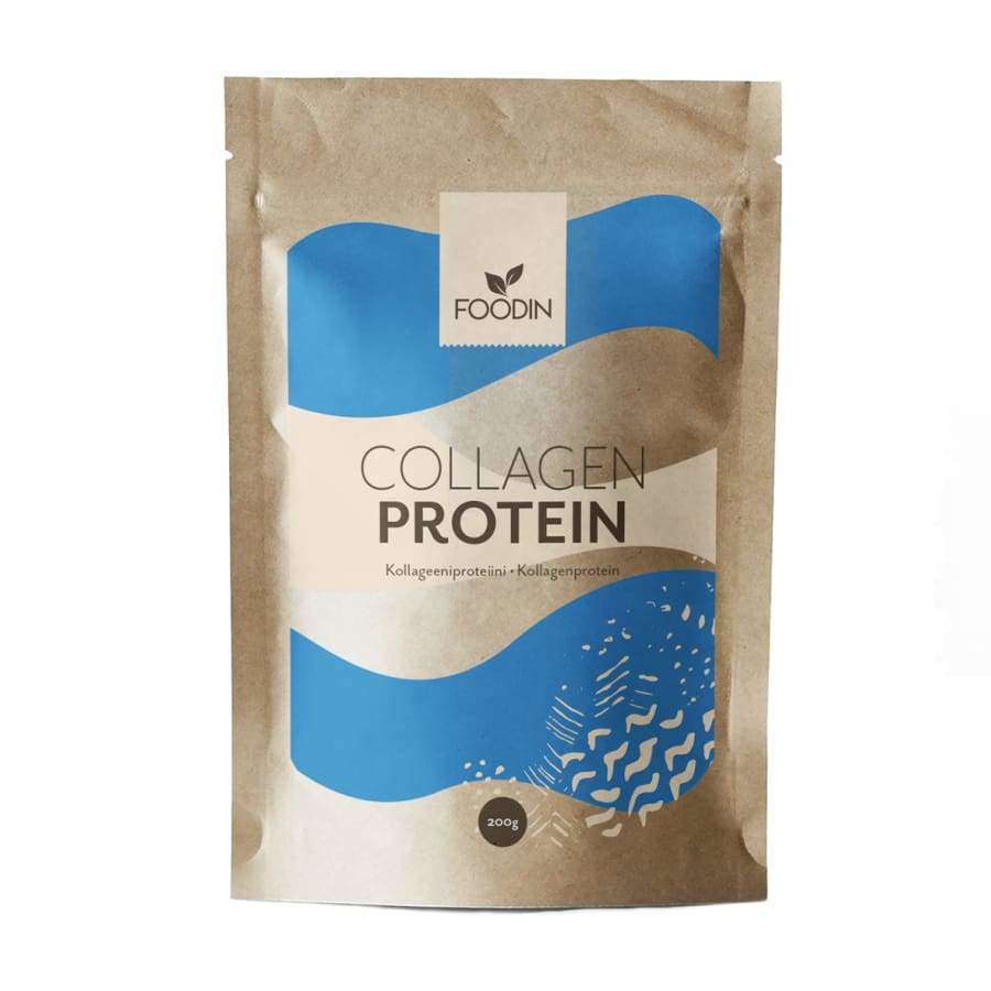 Foodin Collagen Protein; ruskea uudelleensuljettava pussi tekstillä "Foodin Collagen Protein", sinisin ja valkoisin abstraktein kuvioin, sisältää 200 g kollageeniproteiinia; mattapintainen pakkaus pystyssä ja suorakulmaisena, näkyvissä zip-sulkeutuminen; valkoinen groteskifontti tuotenimelle etuetiketissä; ei ihmisiä tai käsiä; vaalea tausta, tavanomainen tuotekuva silmän tasolta.