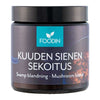 Foodin Kuuden Sienen Sekoitus, Svamp blandning · Mushroom blend; tumma, lieriömäinen purkki mattapinnalla; etiketissä sinistä ja valkoista groteskitekstiä; vaalea, hyvin valaistu tausta, ei ihmisiä tai käsiä; kuusi eri sientä sisältävä sekoitus korostettu etiketissä.