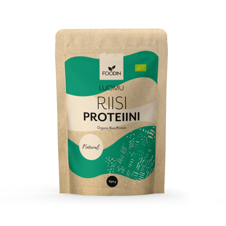Foodin Luomu Riisiproteiini Maustamaton -pussi ruskealla ja vihreällä värityksellä, tekstissä "Foodin Luomu Riisi Proteiini" ja "Organic Rice Protein", vihreä luomusertifiointimerkintä sekä abstrakti kuvio alaosassa; pakkaus mattapintainen, suorakulmainen tasapohjainen ja joustavaa materiaalia; typografia selkeää tekstausvapaata fonttia valkoisella ja tummanvihreällä; tausta valkoinen, kuvattu edestäpäin, ei ihmisiä tai käsiä näkyvissä.