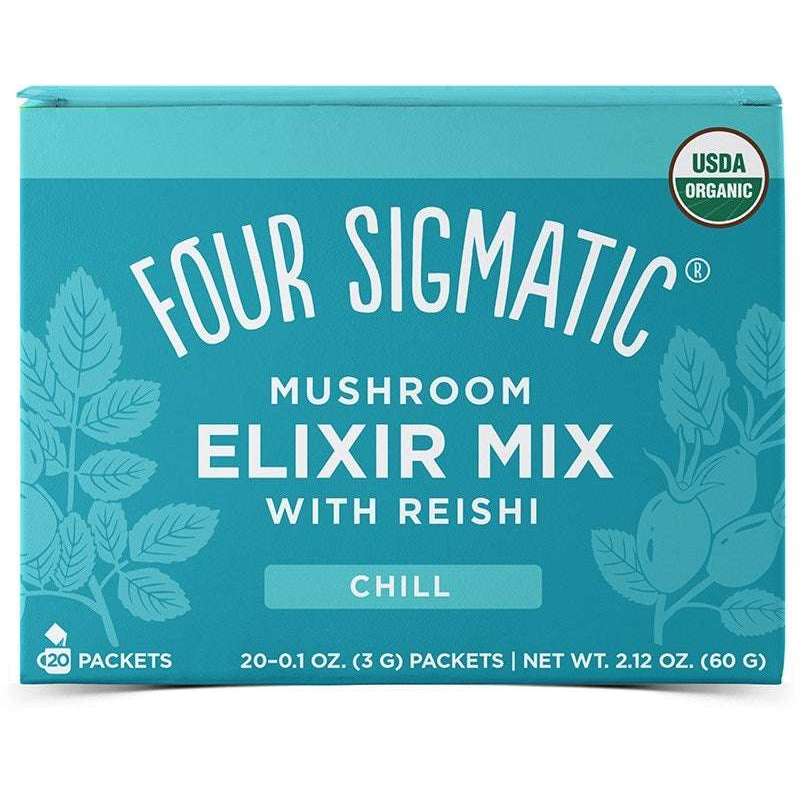 Four Sigmatic Mushroom Elixir Mix Reishi -pakkaus; turkoosi, suorakulmainen ja mattapintainen pahvirasia; etiketissä teksti "Chill", USDA Organic -merkki, maininta 20 pussista sekä rauhoittavia kasvi- ja reishisieni-illustraatioita; keskellä suuri valkoinen merkki ja pienempää tekstiä eri kokoisin kirjasimin; kuvattu valkoista taustaa vasten, näkyvissä vain etupaneeli, ei ihmisiä tai käsiä.