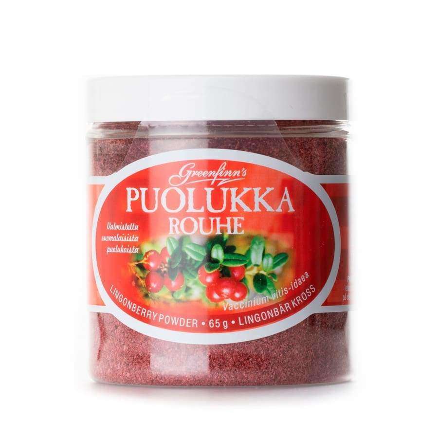 Greenfinn's Puolukkarouhe-purkki; kiiltävä punainen etiketti puolukkakuvilla, 65 g, teksti suomeksi