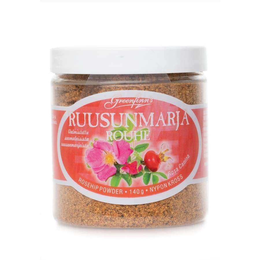 Greenfinns Ruusunmarjarouhe -purkki, 140 g, punainen etiketti, vaaleanpunaisia ruusunmarjankukkia, vihreitä lehtiä ja ruusunmarjoja; sylinterinmuotoinen muovipurkki mattavalkoisella kannella, teksti suomeksi ja englanniksi