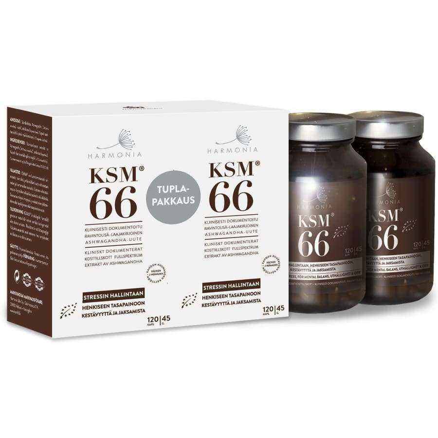 Harmonia KSM-66 Ashwagandha, Tupla Pakkaus; kaksi ruskeaa, kierrekorkillista pulloa valkoisen, harmailla yksityiskohdilla varustetun rasian vieressä; markkinoitu stressinhallinnan ravintolisäksi, sisältää ashwagandhauutetta; pullot ja rasia mattapintaisia; tuote- ja brändinimet lihavoidulla groteskifontilla; vaalea studiotausta, ei ihmisiä.