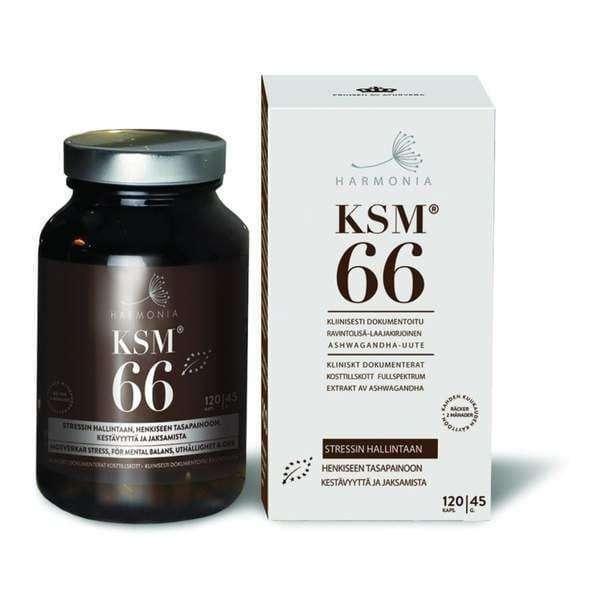 Harmonia KSM-66 Ashwagandha -ravintolisä; pakkaus valkoinen ja ruskea, tekstiä englanniksi ja suomeksi, korostaa stressinhallintaa, henkistä tasapainoa ja kestävyyden tukemista; lieriömäinen pullo, valkoinen korkki, mattapinta; groteskifonttia molemmilla pakkauksen osilla; vaalea tausta, ei ihmisiä.