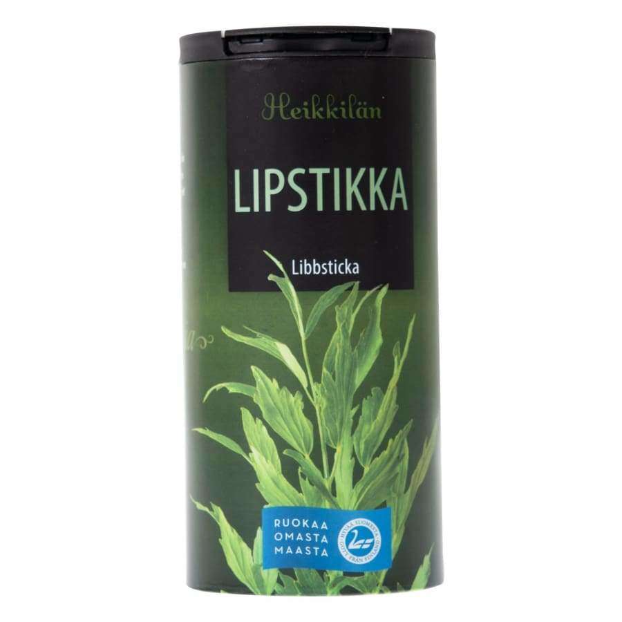 Heikkilän Lipstikka-purkki, liperinlehtien kuvitus; vihreä sylinterinmuotoinen mattapintainen purkki, lihavoitu valkoinen groteskiteksti