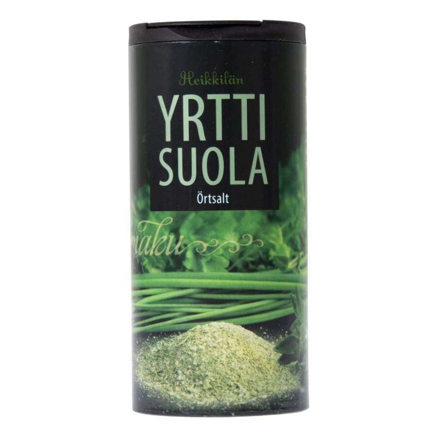 Heikkilän Yrttisuola (Örtsalt) -purkki, musta sylinterinmuotoinen mattapintainen kannu; etiketissä valkoinen lihavoitu teksti, valokuvamaisia vihreitä yrttioksia ja kasa karkeaa yrttisuolaa
