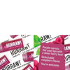 Hurraw! Sävyttävä Huulivoide Vadelma; tasokuva useista huulivoideputkiloista, tuoreita vadelmia ja kortti tekstillä "Purple carrots tint your lips with a sheer berry hue! Delectable raspberry flavor"; putkilot lieriömäisiä, mattaetiketeissä Hurraw!-logo lihavoidulla groteskifontilla ja tuotetietoja; kortin teksti yksinkertaista mustaa kirjasinta valkoisella pohjalla; tausta yhtenäinen; ei ihmisiä tai käsiä.