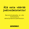 Kelpamax; suorakulmainen tuotekuva keltaisella taustalla, mustaa lihavoitua suomenkielistä groteskitekstiä; viesti varoittaa väärän jodivalmisteen ostamisesta ja huomauttaa, etteivät ravintolisät sovellu säteilyonnettomuustilanteisiin; "Hyvinvoinnin.fi" alaosassa; ei näkyviä tuotteita, pakkauksia tai ihmisiä; kuvalla on matta yleisilme.