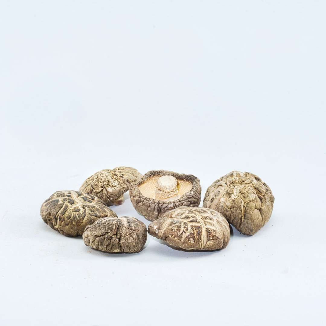 KÄÄPÄ Mushrooms Luomu Shiitake sieniuute; kuusi kuivattua siitakesientä aseteltuna valkoiselle taustalle, yksi sieni lakki ylöspäin näyttäen kidukset ja varren keskellä; pinnat mattatekstuurisia näkyvin rypyin ja halkeamin, tyypillisiä kuivatuille sienille; sienet vaihtelevat kooltaan ja muodoltaan pyöreästä hieman soikeaan lakkiin; ei pakkausta, tekstiä tai muita esineitä kuvassa.