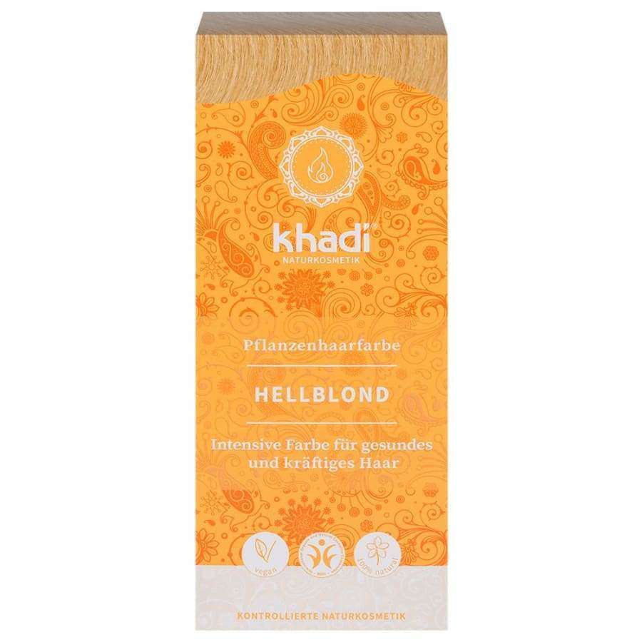 Khadi Kasvihiusväri Light Blonde -pakkaus (Hellblond), oranssi, kukkakuvioita; suorakulmainen mattapintainen rasia, kasviperäinen, vegaaninen luonnonkosmetiikka, groteski- ja antiikvateksti