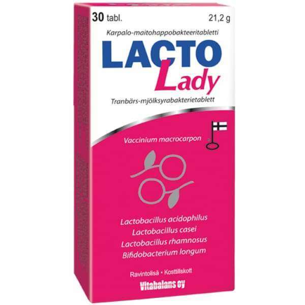 Vitabalans Lacto Lady -maitohappobakteeritabletit, pinkki-valkoinen rasia karpalokuvituksella, teksti suomeksi ja ruotsiksi