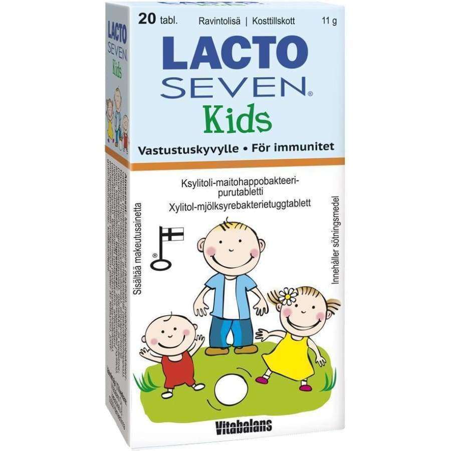 Lacto Seven Kids Maitohappobakteeri -pakkaus, piirroskuvitettuja lapsia ja koira, teksti suomeksi ja ruotsiksi immuunipuolustuksen tuesta; valkoinen-sininen-vihreä rasia, 20 tablettia, mattapinta