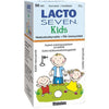 Lacto Seven Kids Maitohappobakteeri -pakkaus, piirroskuva kolmesta hymyilevästä ulkoilevasta lapsesta, teksti suomeksi ja ruotsiksi immuniteetista ja ainesosista; valkoinen-sininen pahvirasia, mattapinta