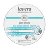 Lavera Basis Sensitiv All-round Cream Kosteusvoide; pyöreä purkki, etiketissä luomu-aloe veraa ja manteliöljyä sisältävä koostumus erittäin kuivalle iholle, merkitty vegaaniseksi ja ilmastoneutraaliksi; kuvituksena raikas vesiroiske; purkki vaaleansininen ja valkoinen kiiltäväpintaisena, teksti selkeällä groteskikirjasimella; valkoinen tausta, ei ihmisiä tai muita esineitä kuvassa.
